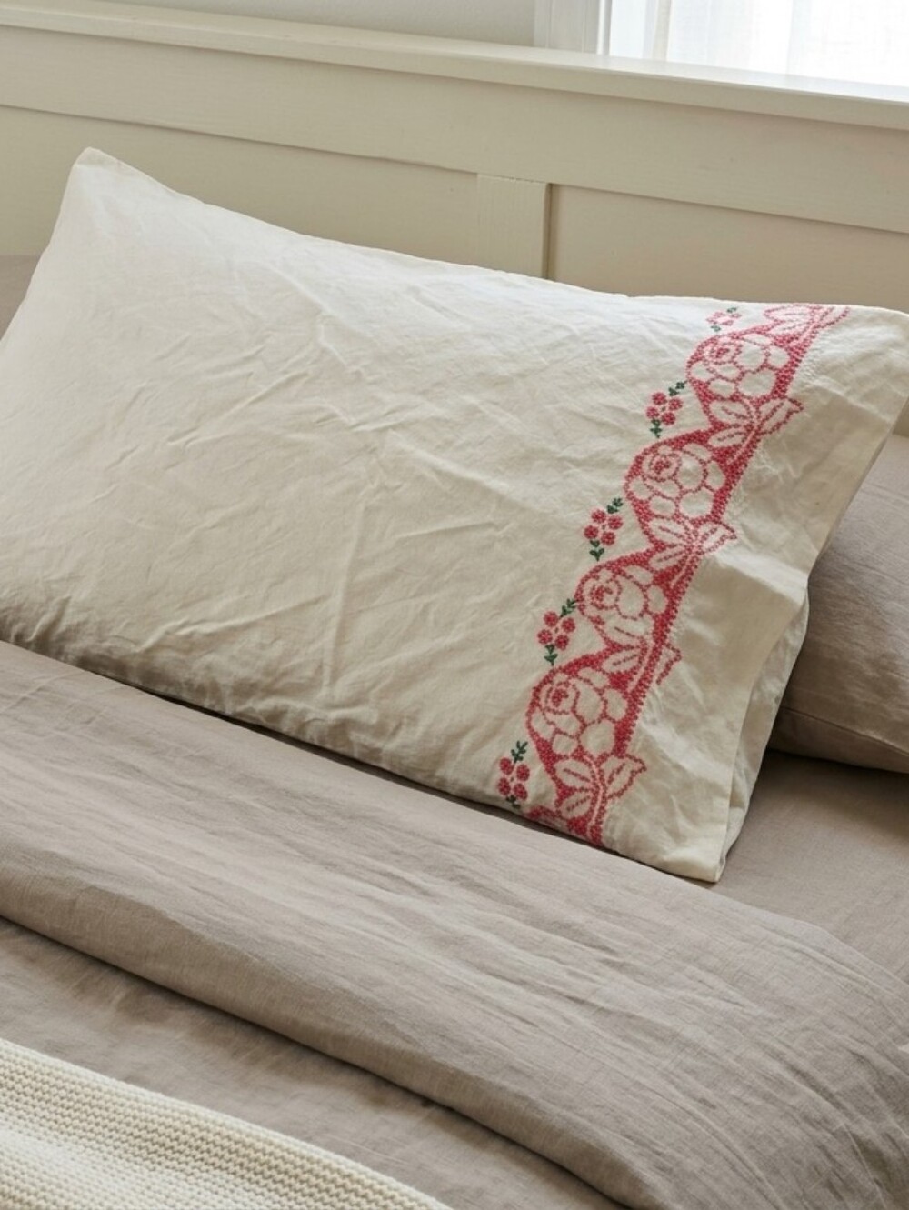White Pillowcase with Pink Embroidered Trim